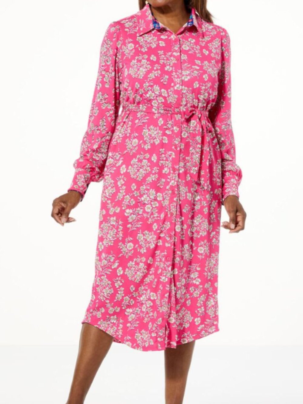 NWOT TWRHLL Christie Brinkley Womens Pink Floral Midi Shirt Dress Tall Size 3XT